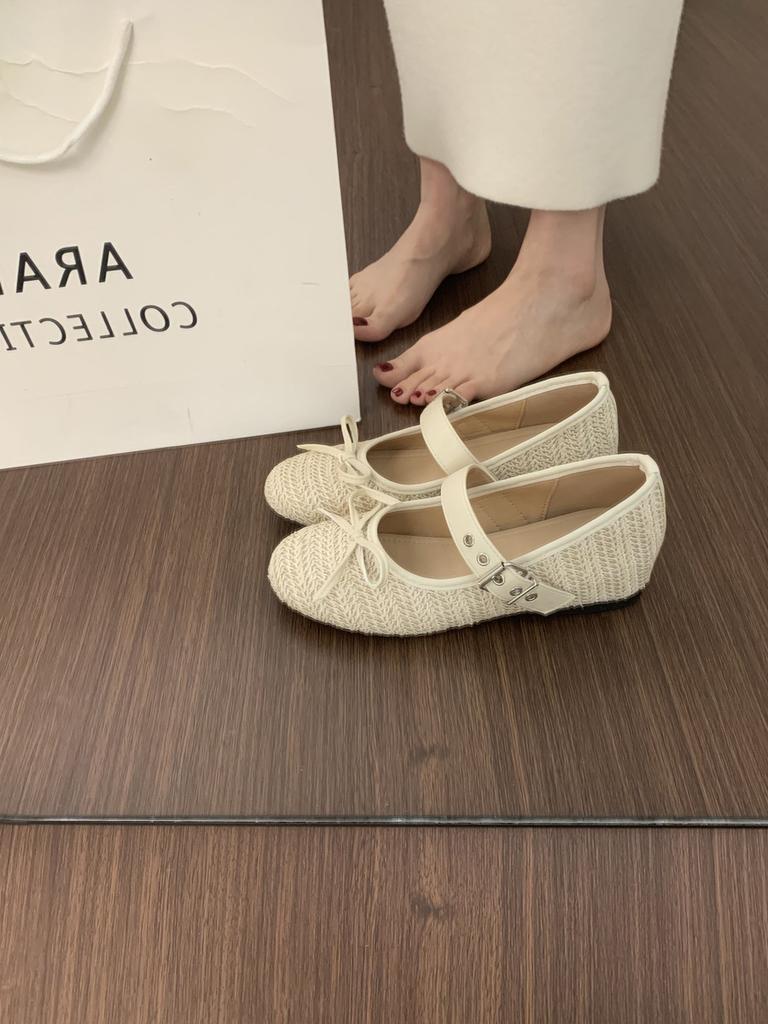 Night Wind Heightening Woven Single Shoes Women's Shoes One-word Buckle with Round Head Mary Jane Shoes Bow Ballet Shoes