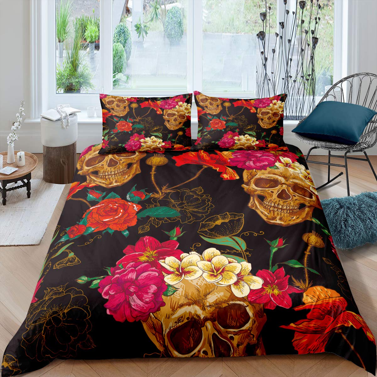 

Yellow Sugar Skull Print Pattern Domestic Bedding Sets Quilt Cover Pillowcase Microfiber King Size Queen Dimension Double Size Single Size Polyester EU single(135x200cm)
