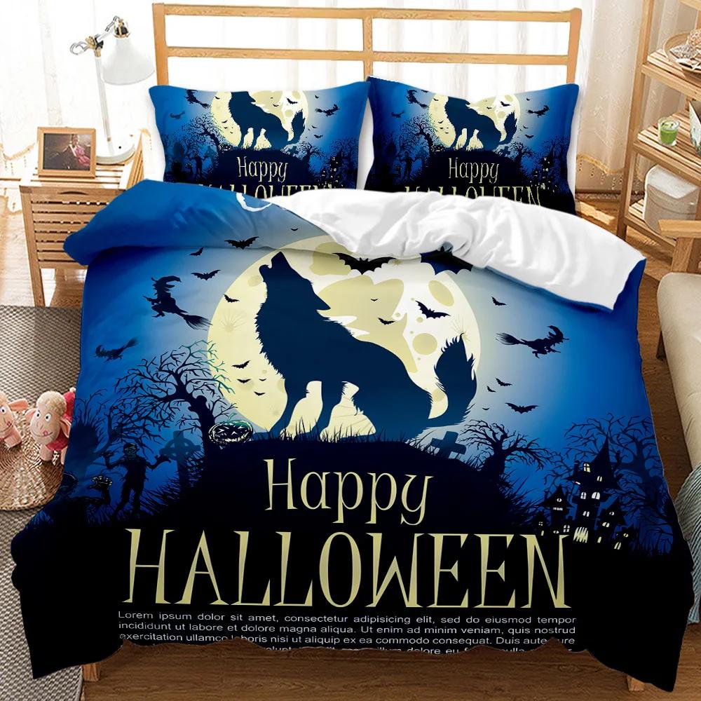 Copripiumino Halloween King Size, Gatto Strega Cartone Animato Luna Zucche Notte Spaventosa Coperta Trapuntata Set Biancheria da Letto in Microfibra per Bambini Ragazze