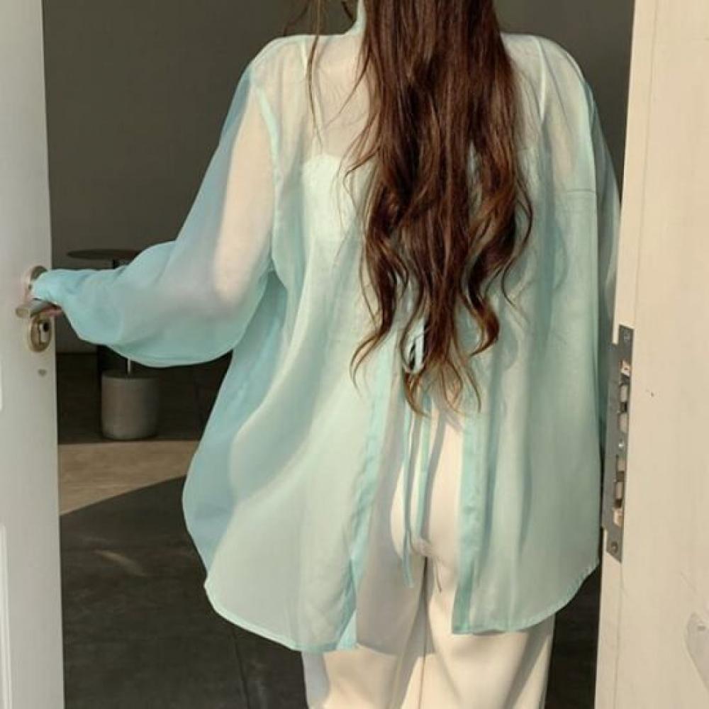 Navava Loose Fit Back Slit Thin Sheer Long Sleeve Shirt Nb2588