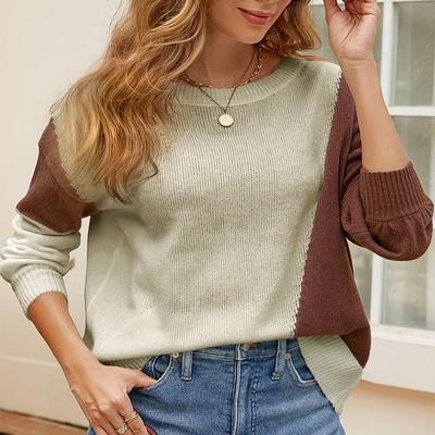 Autumn Women's Plus Size Sweater Knitwear Pullover Temperament Commuter Long Sleeve Round Neck Colorblocking Sweater