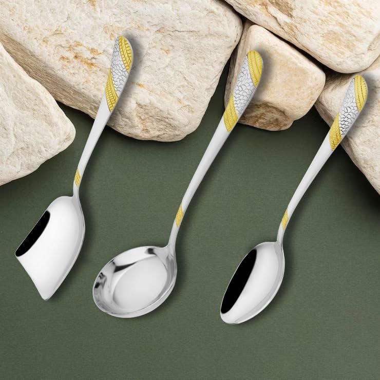 Set 3 Bucăți Linguri de Servit Aurii din Oțel Inoxidabil pentru Masă/Bucătărie, Calibru Gros 1,8 mm