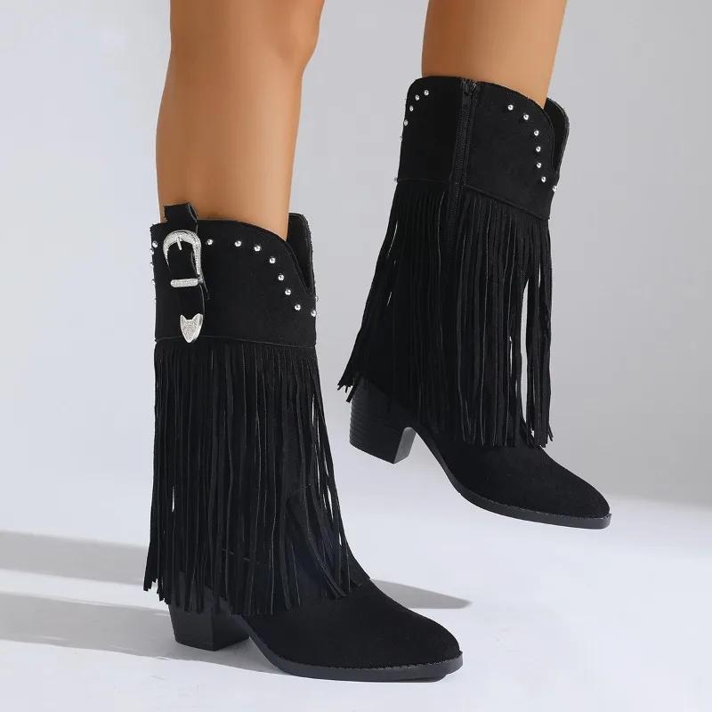Cow Suede Tassel Ethnic Modern Boots Mid-calf Zip Pointed Toe Shoes Female 2025 Hot Sale High Heel Solid Novelty Women's Boots