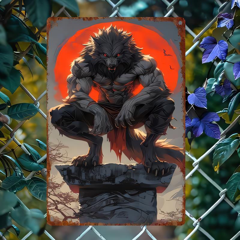 Tin Sign Anime Black Wolf City Night Retro Metal Poster Wall Decor for Man Cave Bar Garage Office Gothic Streetwear Gift Rust