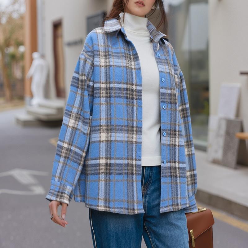 Spring and Autumn New Trend American Retro Wool Plaid Shirt Women's Loose Casual Lazy Lapel Long Sleeve Shirt