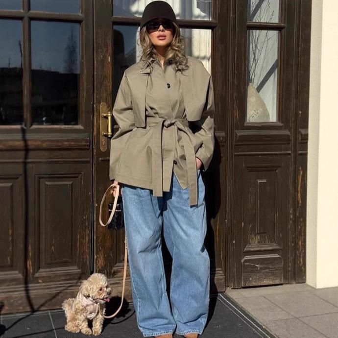 2025 Autumn European & American Fashion Lapel Tie-up Short Trench Coat