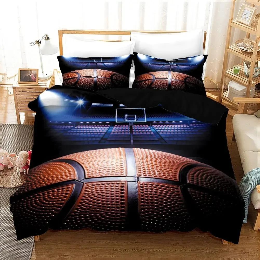 Boys Basketball Duvet Cover Set Black 3D Ball Sports Bedding Set For Boys Men Basketball Court Competitive Games Comforter Cover