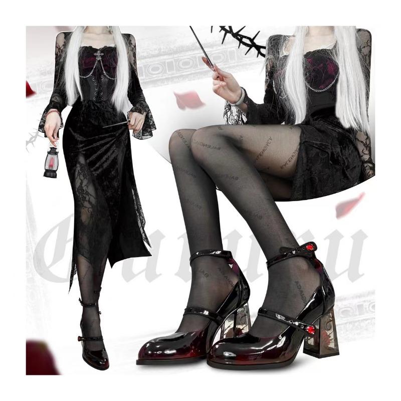 Designer Women Punk High Heels Pumps Gothic Leather Shoes Rose Heeled Leather Lolita Shoes Woman Ankle Straps Mary Jane Shoes