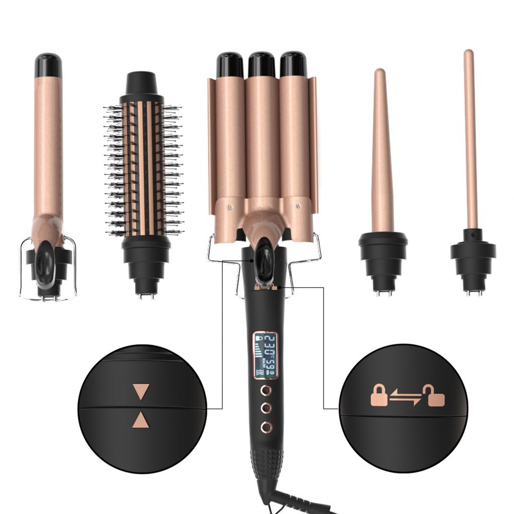 5 IN 1 Hair Curler Set Hair Curling Iron Wand Hair Straightening Brush Hair Waver Temperature Adjustable LCD Temp