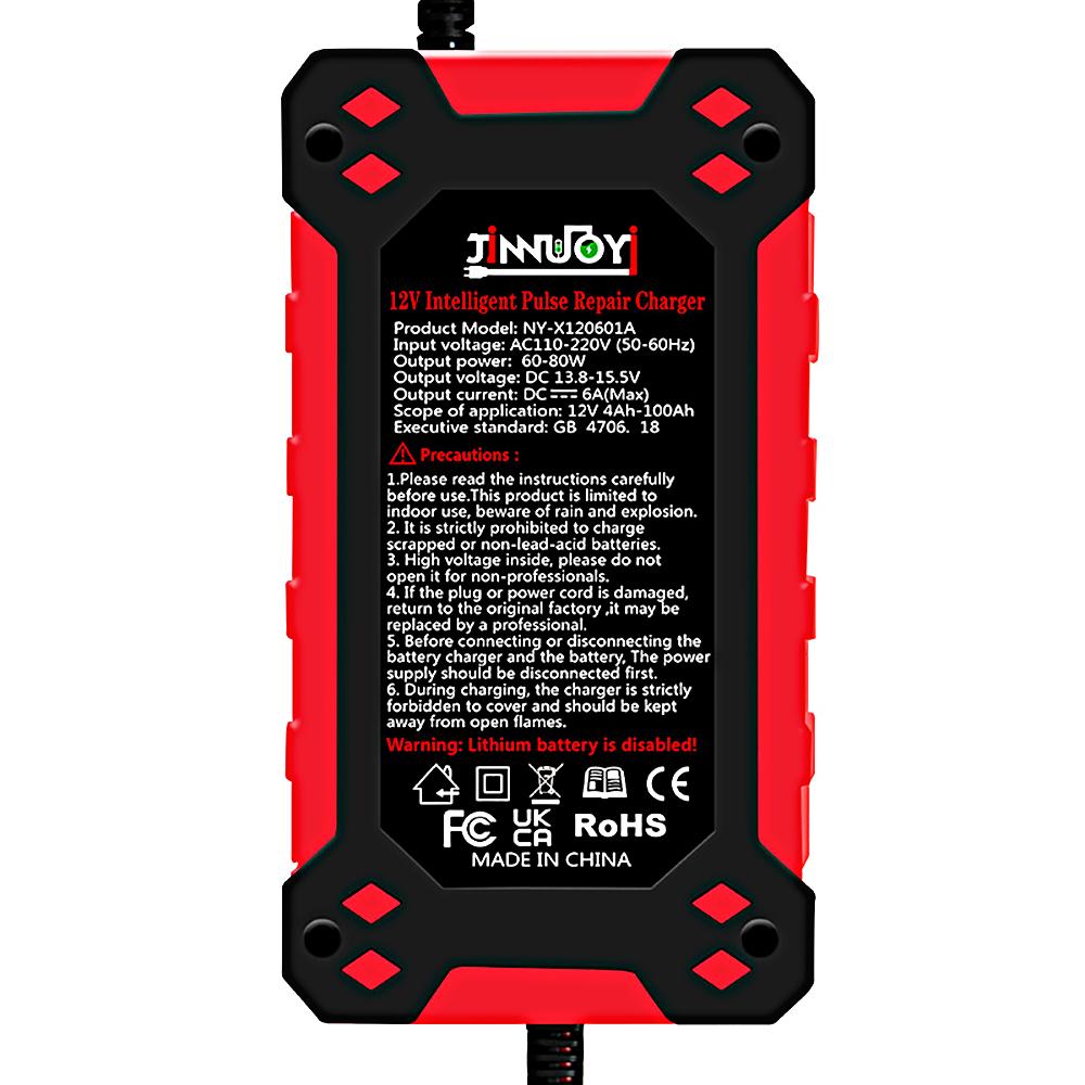 6A 12V Car Battery Charger Pulse Repair LCD Display Smart Fast Charge AGM Deep Cycle GEL Lead-Acid Charger for Auto Motorcycle