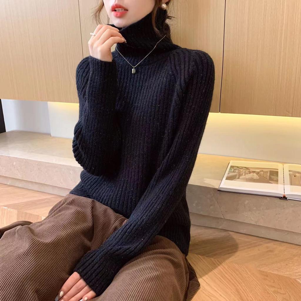 Lazy wind turtleneck pit strip thin sweater women's simple design solid color slim bottom knitted sweater autumn and winter top