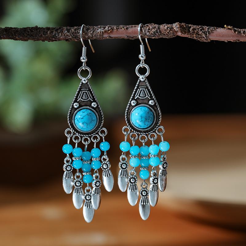 Bohemian Ethnisch Lang Blau Acryl Kristall Wassertropfen Ohrringe für Damen Retro Temperament Geometrisch Hängende Ohrringe Schmuck