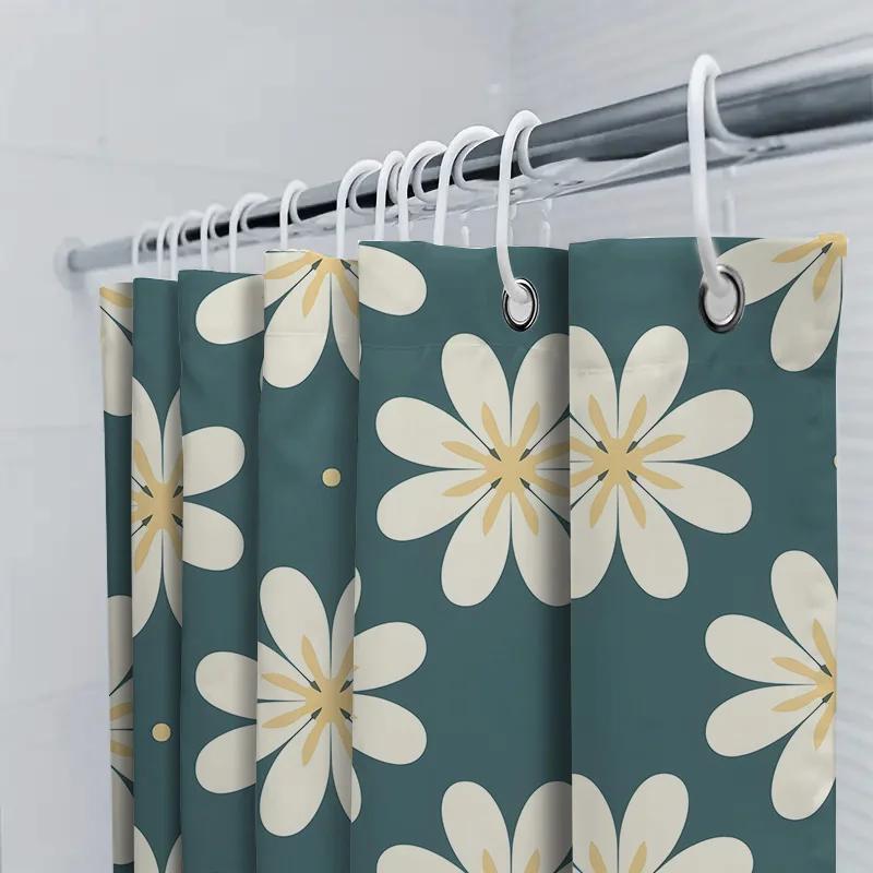 Contemporary Floral Print Shower Curtain 180x240cm Green Bath Decor Waterproof Fabric with Hooks for Bathroom Interior Design