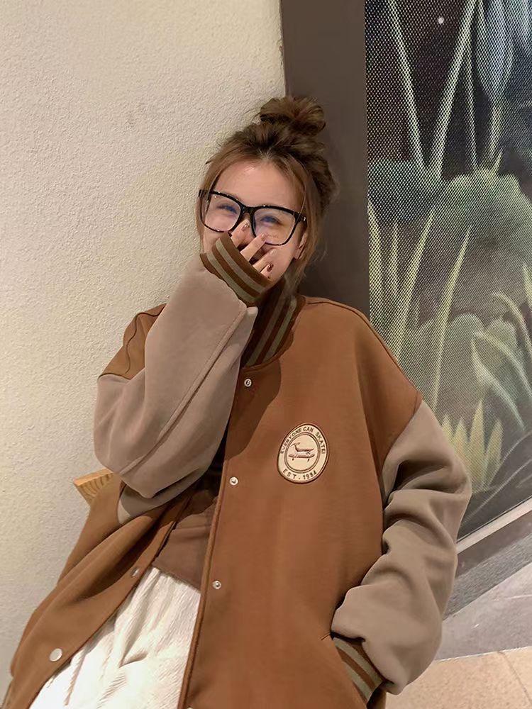 Women's Retro Baseball Jacket: Embroidered, Fleece-Lined, Thickened, Winter Outerwear, Loose Fit