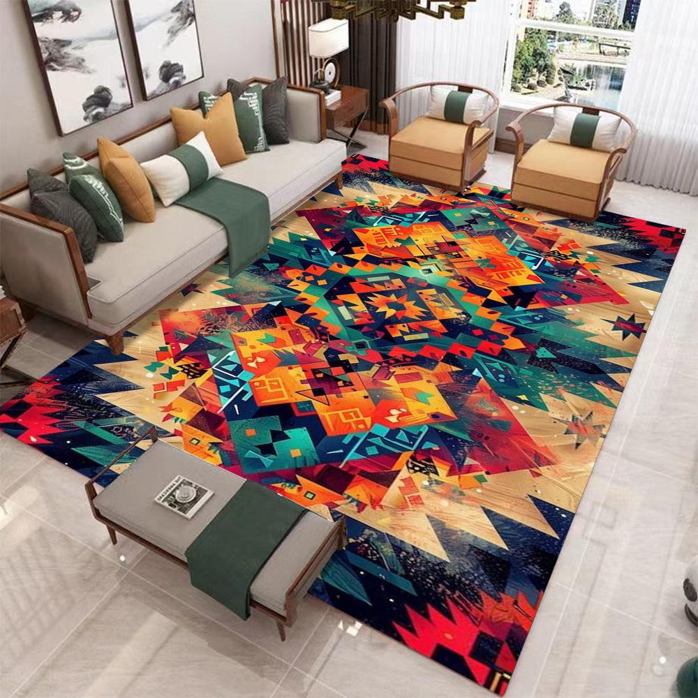 Bohemian Tribal Carpet Mat Rug Colorful Patchwork Design Vibrant Abstract Home Decoration for Living Room Bedroom Floor Mat