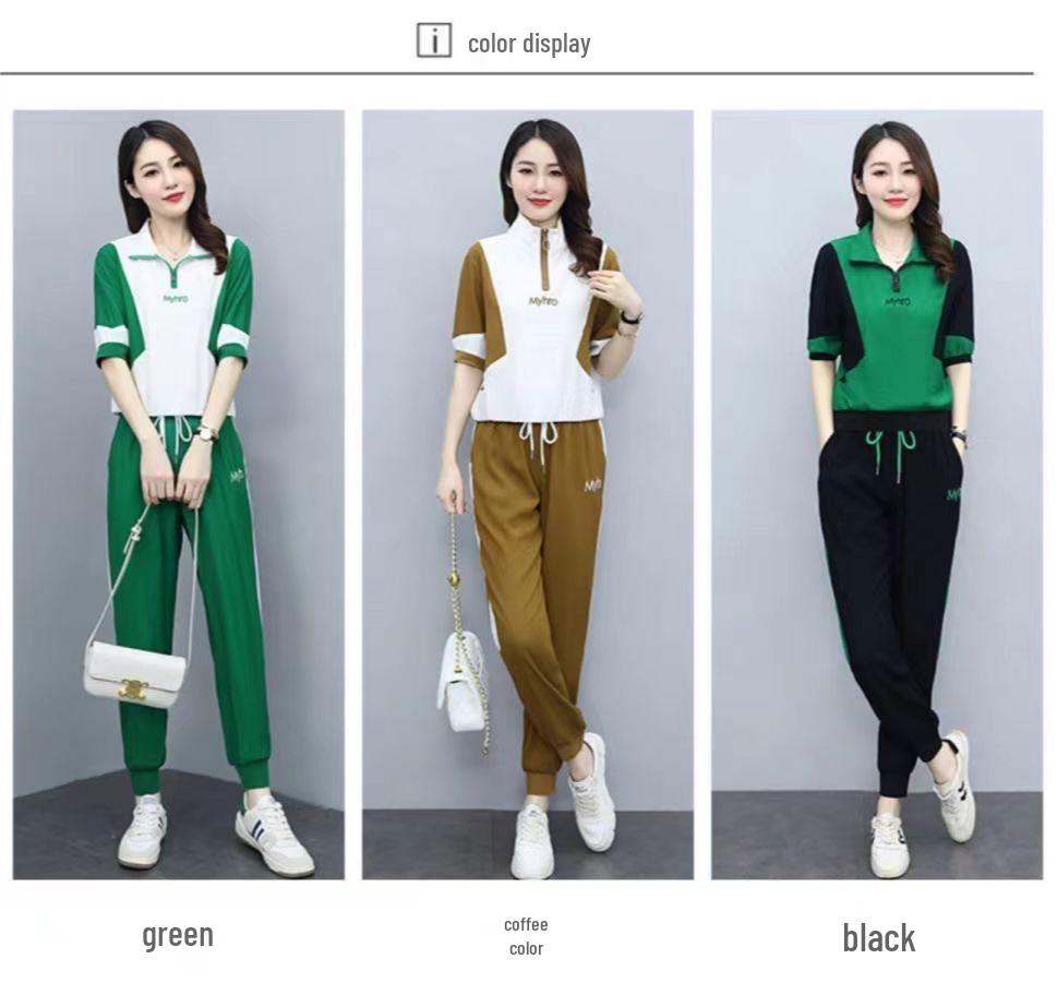 2025 Summer Women's Loose Running Suit - Short Sleeve Stand-up Collar Two-Piece Set