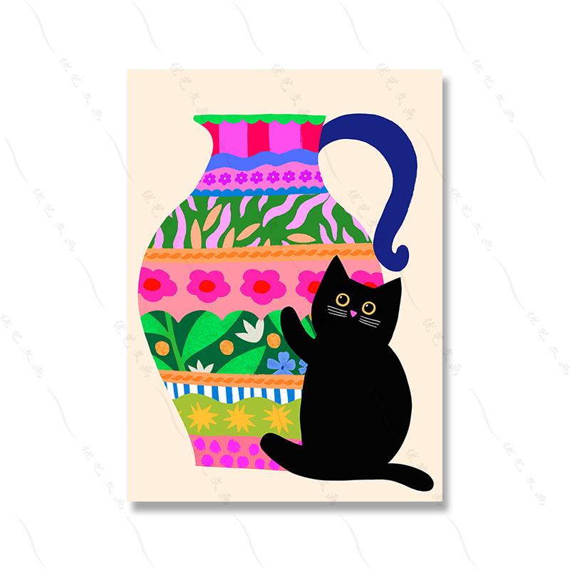 Retro Abstract Black Cat Vase Art Poster Print Pink Tulips Canvas Painting Colorful Pictures Living Kid Room Home Decor Murals