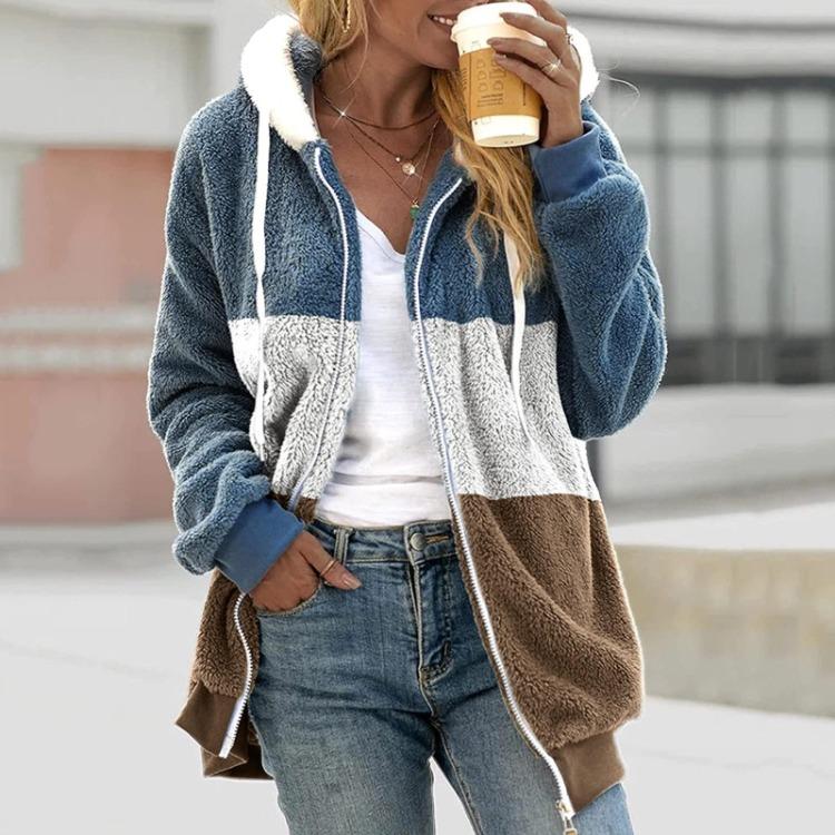 Damen Plüschjacke mit Reißverschluss Locker Große Größe Mehrfarbig Einsätze Kapuze