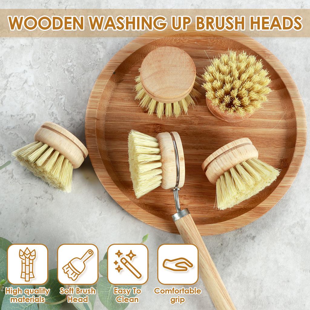 4/5Pcs Bamboo Dish Scrub Brushes Replaceable Dish Brush Kitchen Wooden Cleaning Scrubbers Household Cleaning Brush Cleaning Tool