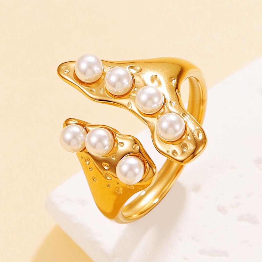 French Retro Geometric Irregular Stainless Steel Ring with Baroque Pearl - Adjustable Women's Statement Jewelry