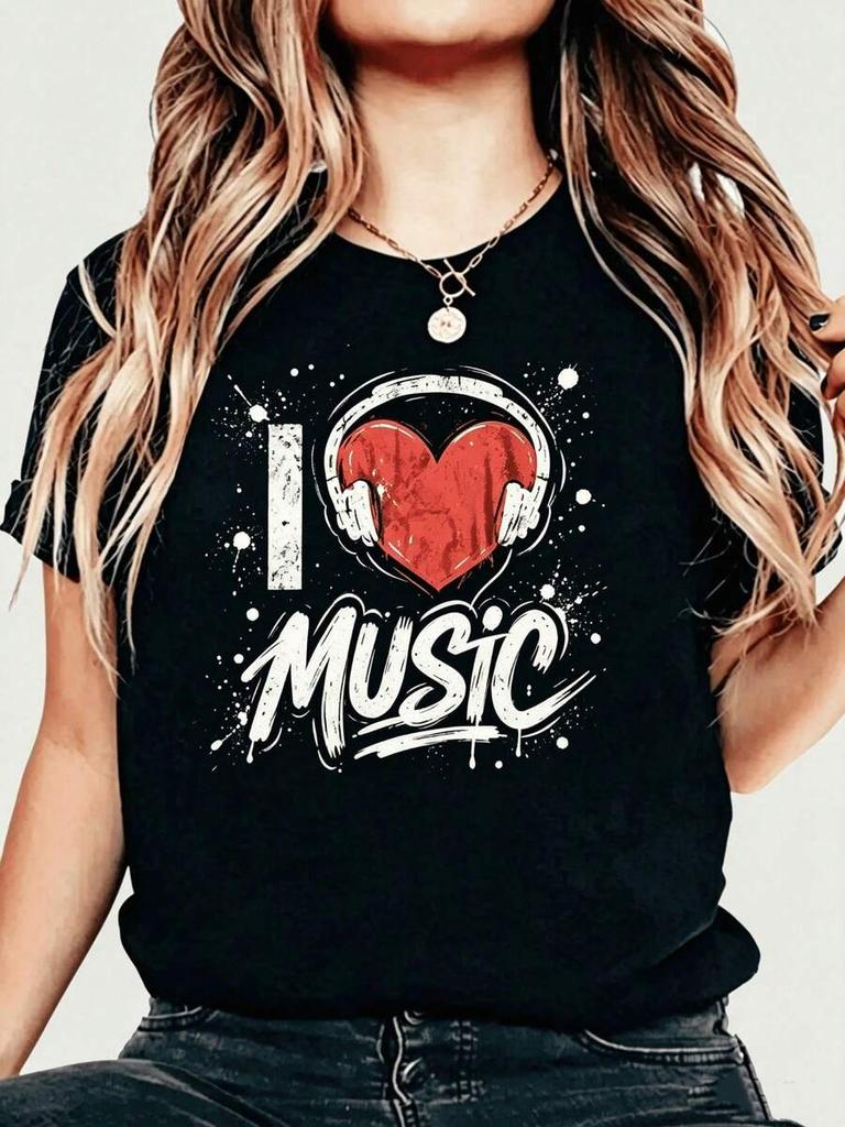 Crew Neck Shortsleeve Graphic Tshirt Oversized I Love Music Headphone Heart Print Fashion New Arrival