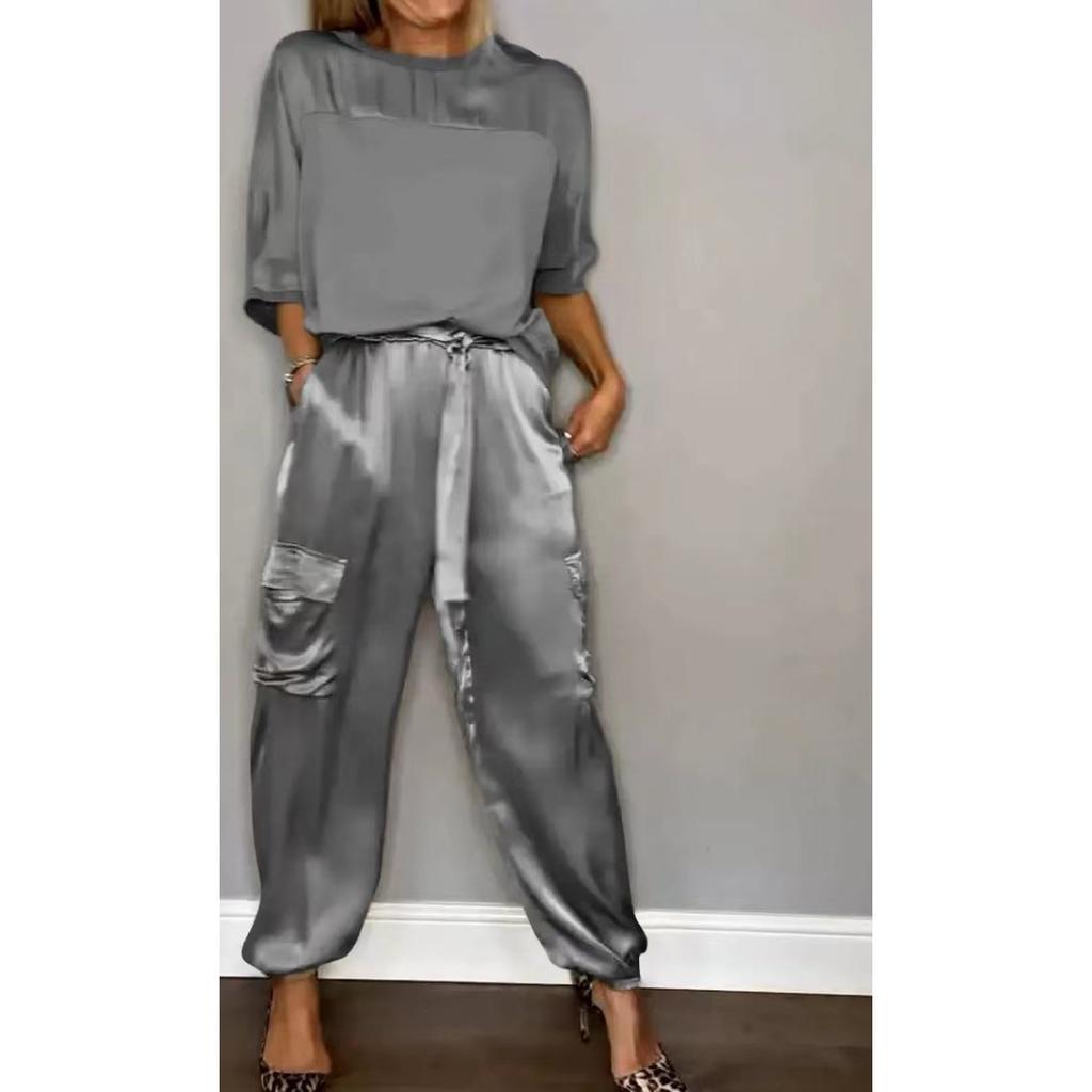 Fashionable Women's Smooth Satin Half Sleeved Upper Suit Two-piece Set