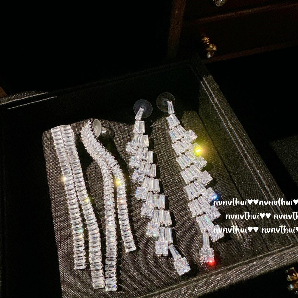 Nvnvthui Ice And Snow Frost Flower Fringed Gemstone Earrings Fujia Thousand Gold Plated 18K Gold, Sugar Cube Zircon Arc Earrings