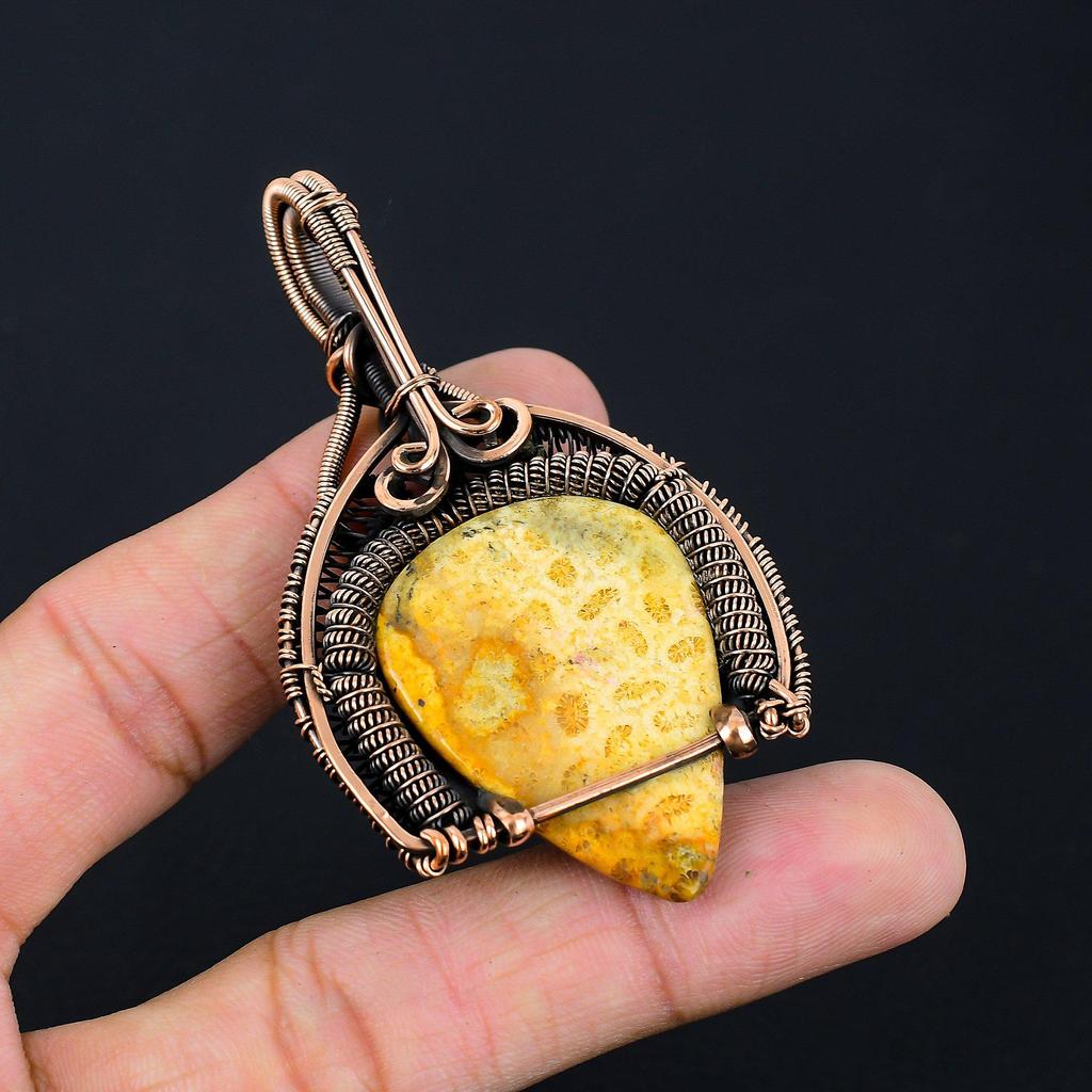 Amazing Fossil Coral Gemstone Handmade Pure Copper Wire Wrapped Pendant Jewelry