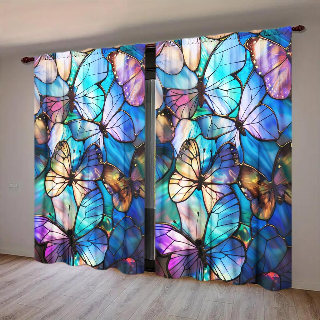 2-Panels Stained Glass Butterfly Semi Blackout Curtain   Half Blackout Suitable for Artistic Home Decorative Curtains