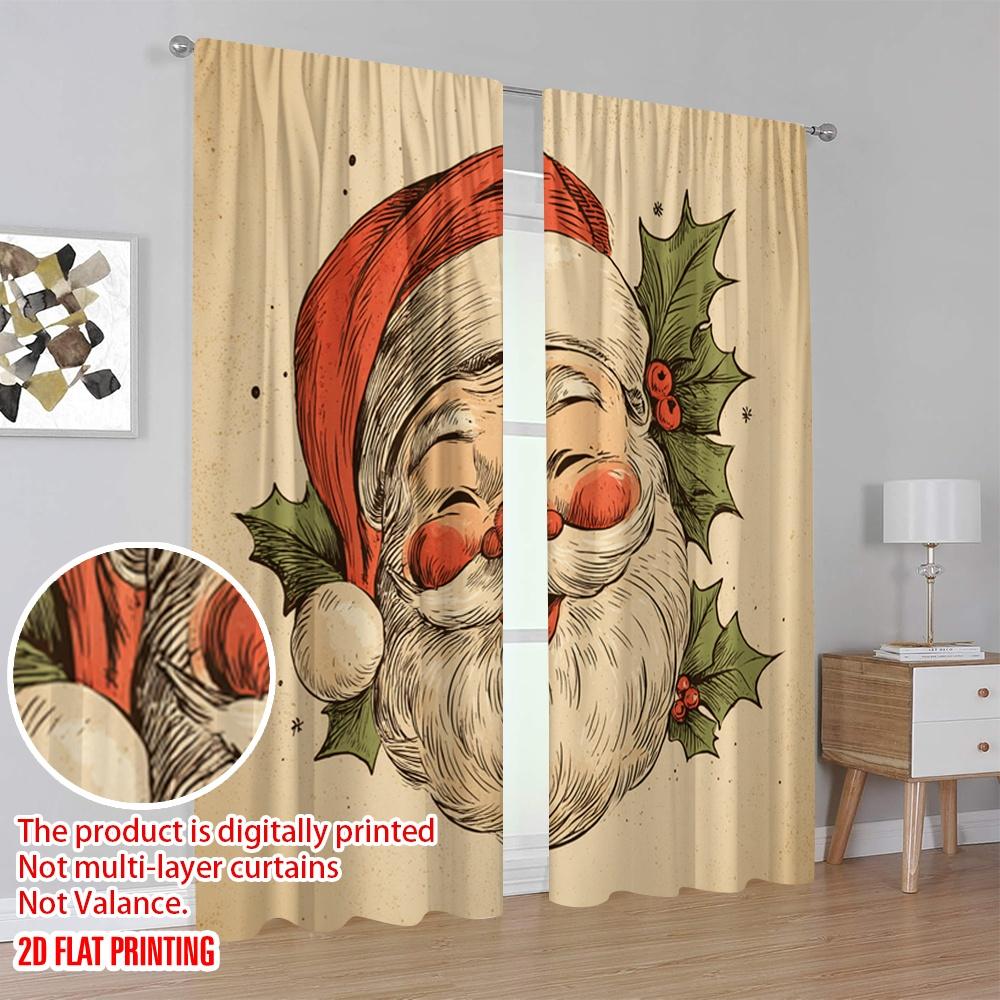 2pcs,2D Plane Printing Curtains Vibrant Santa Claus Head Polyester Easy Install (without Rod) All Seasons Ldeal for Living Room