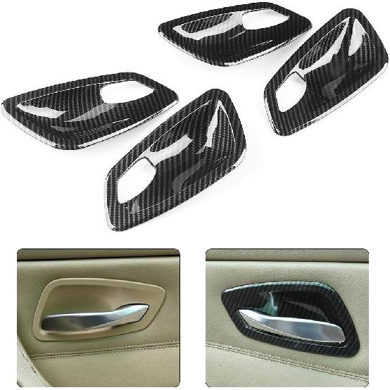Acouto Interior Door Handle Bowl Trim 4Pcs Carbon Fiber Texture Car Inner Door Handle Bowl Trim Cover Fit for E90 3 Series 2005-2012