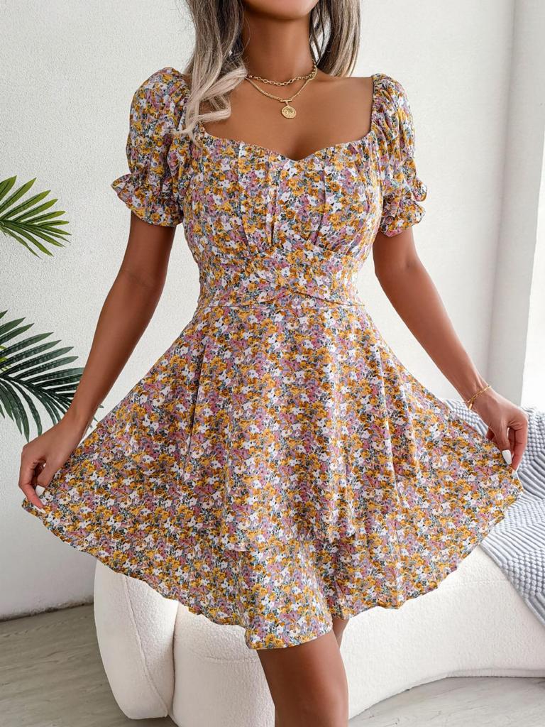 Abito Stampato con Scollo Quadrato Vita Alta Abito Elegante da Donna Manica Corta Abiti Ampi Abito Casual