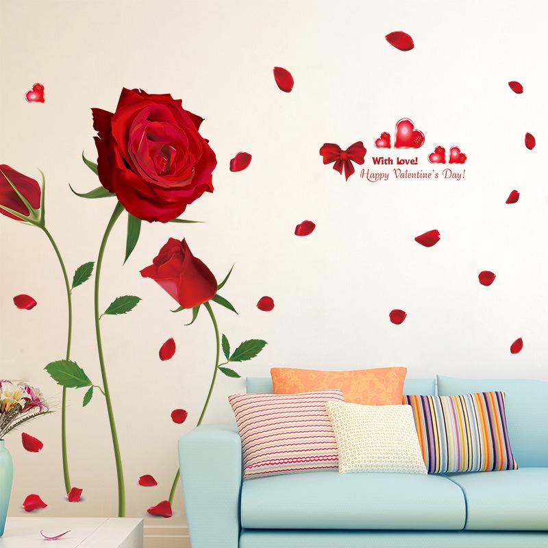Romantic Valentine's Day Wall Sticker Red Rose Flower Removable Waterproof Home Decor for Bedroom Living Room