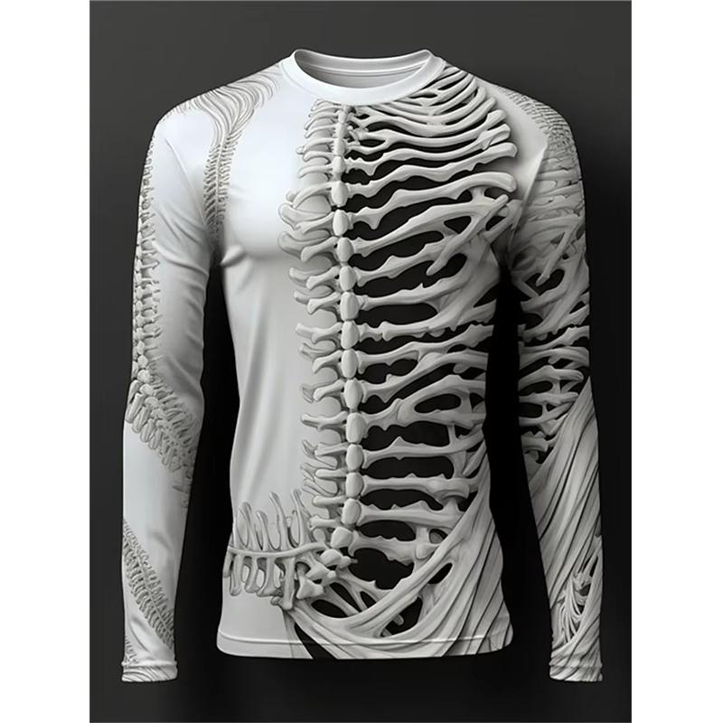 Spring and Autumn Round Neck 3D Skeleton Skull Pattern Printed Top Fashionable Casual Long Sleeved Men's T-shirts