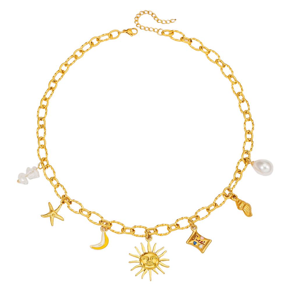 Summer Starfish & Pearl Heart Sea Turtle Pendant Necklace - Dopamine Stainless Steel Clavicle Chain