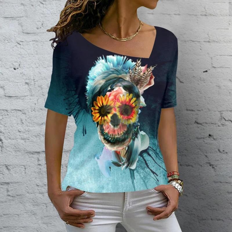 Vintage Skull Women's T Shirt 3D Printed Skew Collar Blouses Casual Short Sleeve Pullover Tops Summer Oversized Clothes Tees
