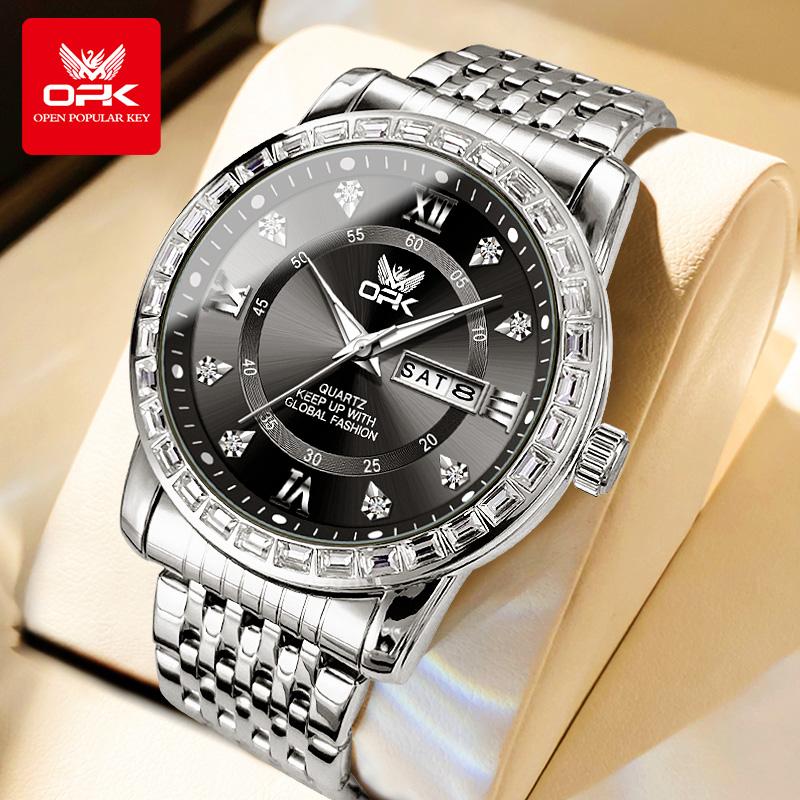 OPK 8174 Quartz Watches for Men Fashion Diamond Bezel Auto Date Week Waterproof Luminous Classic Business Men's Wristwatches