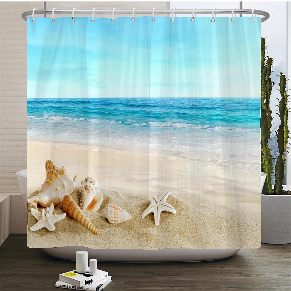 Waterproof Shower Curtain For Bathroom Sunny Sea Beach landscape Print Bathtub Curtains Polyester Bathroom Curtain with 12 Hooks