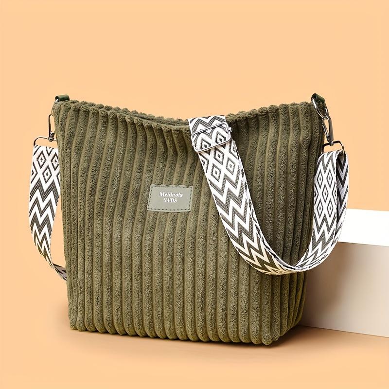 Women's Solid Color Casual Corduroy Crossbody Bag, Large Capacity Shoulder Backpack with Zipper Design, Fashionable Plush Underarm Bag