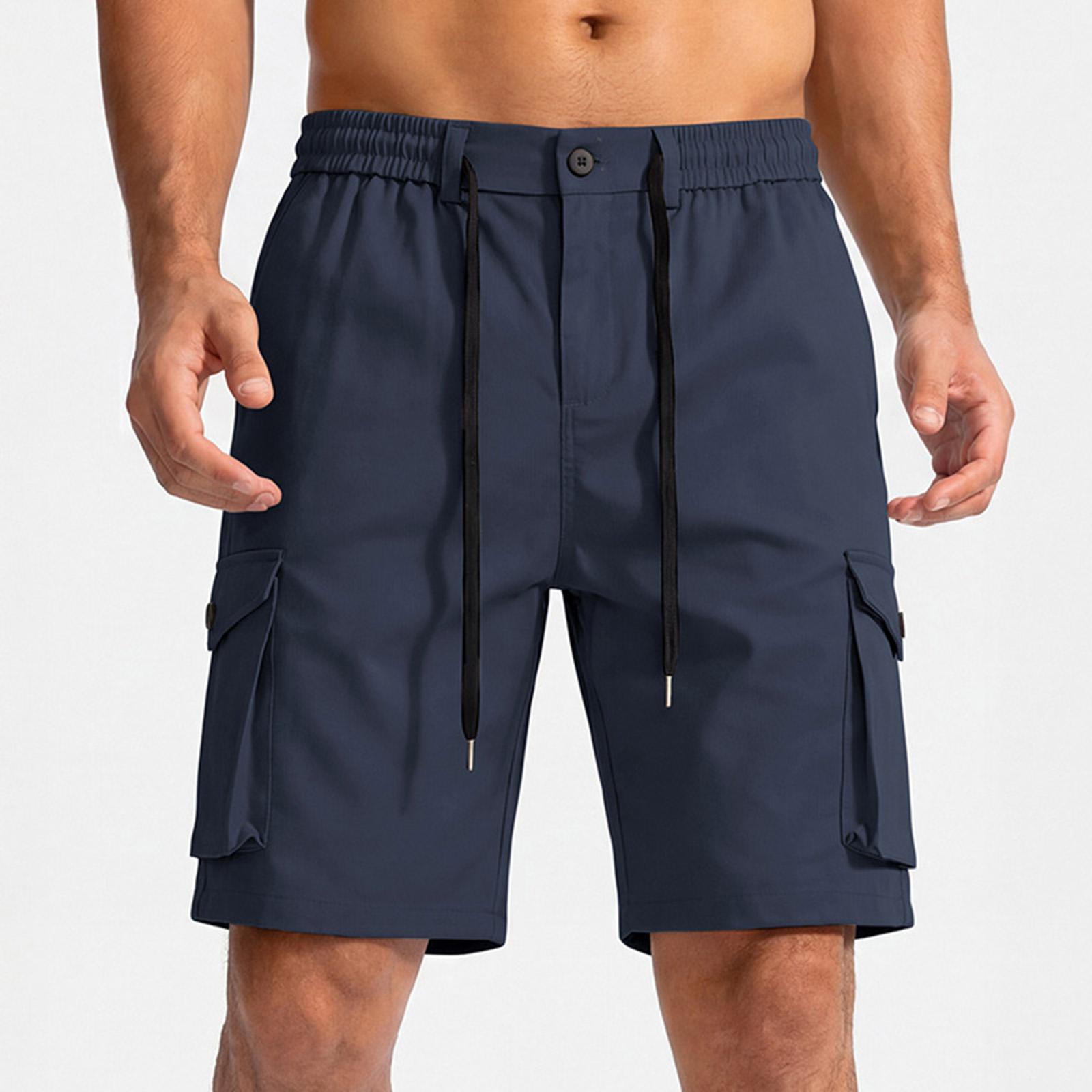 

Men s Casual Athletic Cargo Shorts with Elastic Waistband Drawstring and Button Closure Multi Pocket Design Lightweight Durable Fabric L Темно-синій