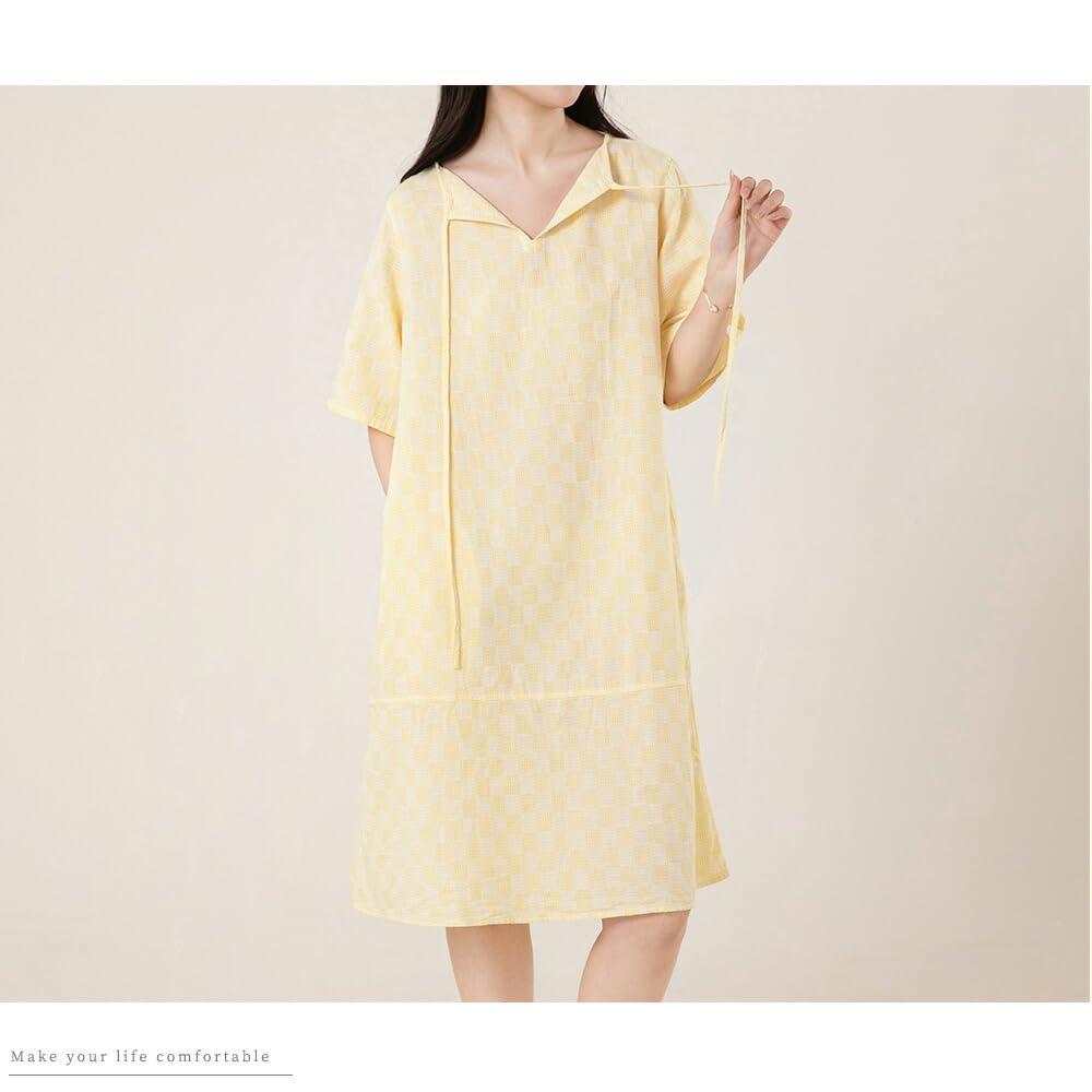 Yes Family Cotton Double Gauze Pajama Check Size Yellow Women's 100% Dress, Knee-Length, Flattering, Stylish, Pattern, XL,