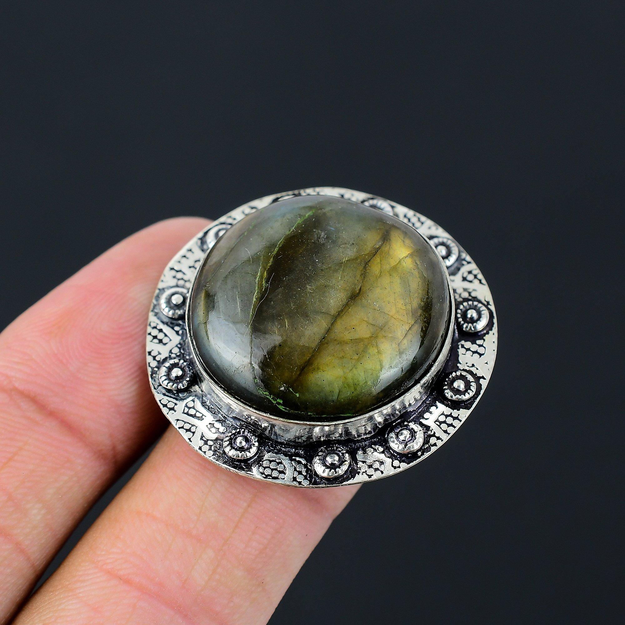 Daughters Day Deal Round Labradorite Gemstone 925 Sterling Silver Statement Ring 9