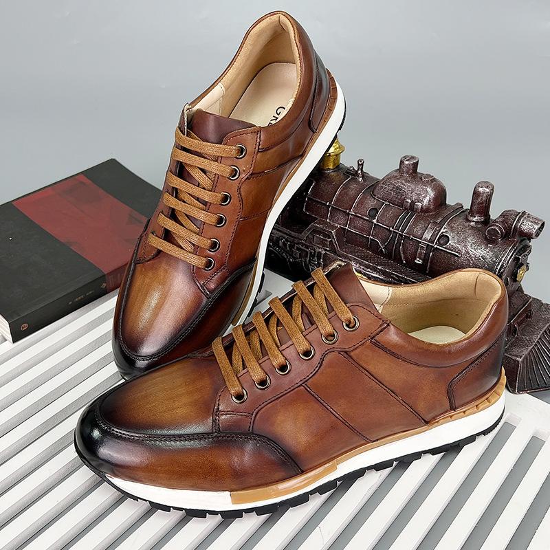 Handmade Mens Oxford Sneakers Genuine Leather Lace-Up Men Casual Leather Shoes Outdoor Daily Walking Flat Footwear