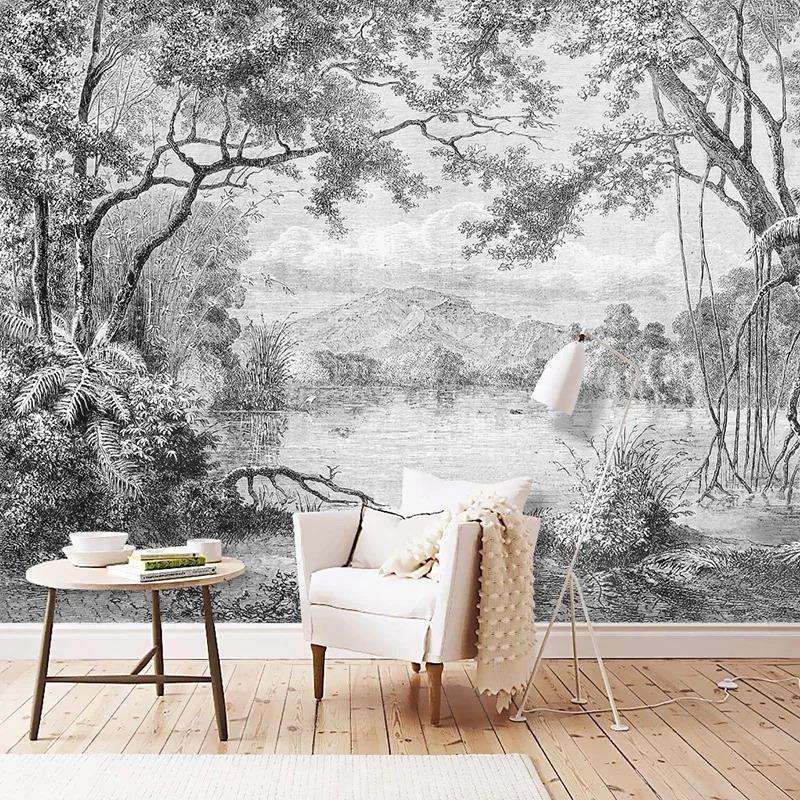 

Custom Photo Wallpaper Black And White Forest Mural European Retro Hand Painted Line Rainforest Jungle Painting Papel De Parede 200 cm(W) x 140 cm(H)