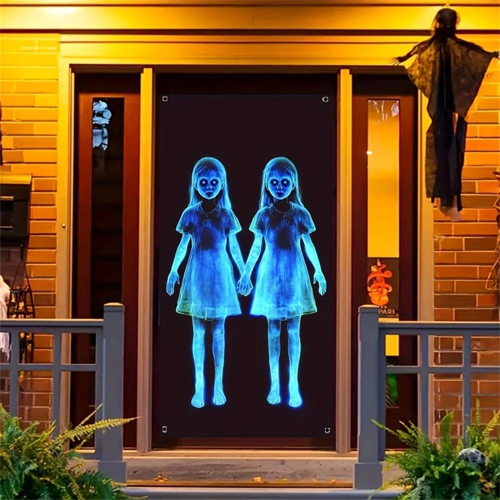 2D Door Banner, Zombie Horror Gothic Halloween Door Banner 2D Flat Hanging Decor with Glowing Blue Ghosts,Spooky Entrance Decor