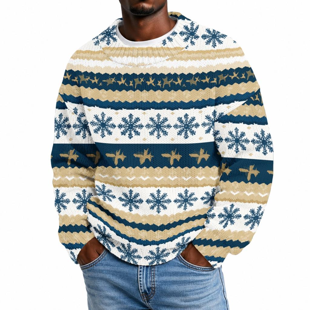 Men's Neck Knit Sweater with Christmas Print for Winter Holiday