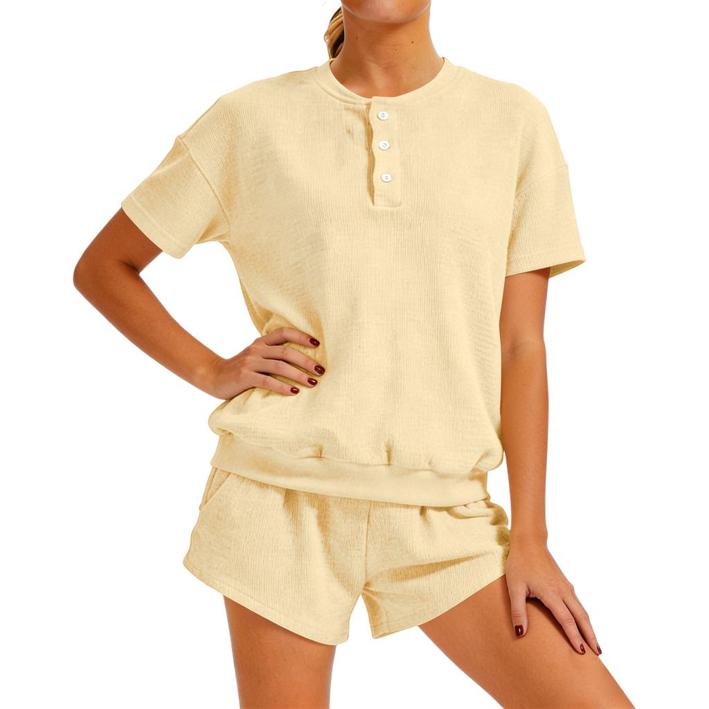 Damen Entspanntes Loungewear-Set: Kapuzenpullover mit kurzen Ärmeln kombiniert mit High-Waist-Shorts, Lässiges Zweiteiler-Outfit