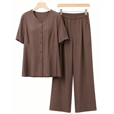 Damen Plus Size 2-teiliges Outfit, Kurzarm-Knopfleistentop & Weitbein-Hosen-Set (3XL-7XL)