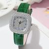 Women's New Luxury Full Star Diamonds Square Quartz Watch Business Women's Green Leather Casual Dress Clock Wristwatch