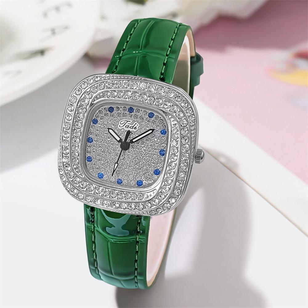 Women's New Luxury Full Star Diamonds Square Quartz Watch Business Women's Green Leather Casual Dress Clock Wristwatch
